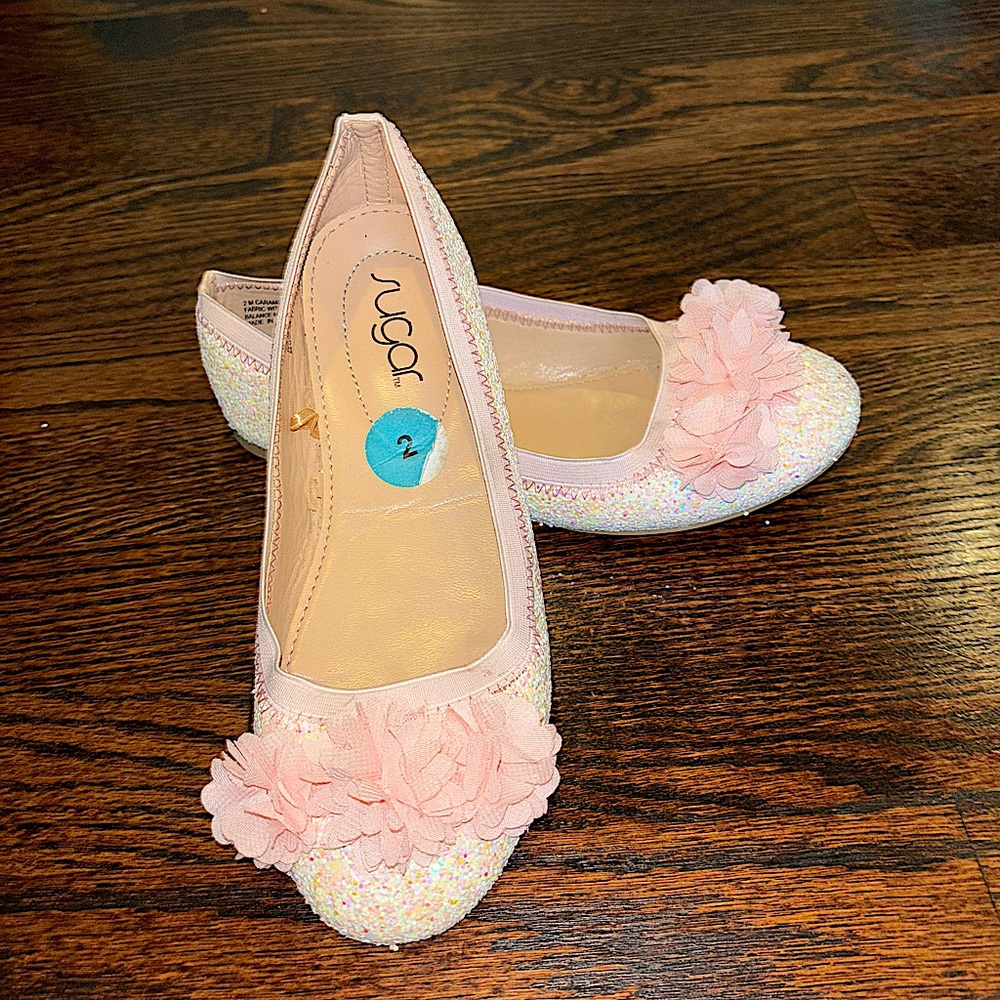Sugar, pink sequin flower detail shoes. Girls size 2